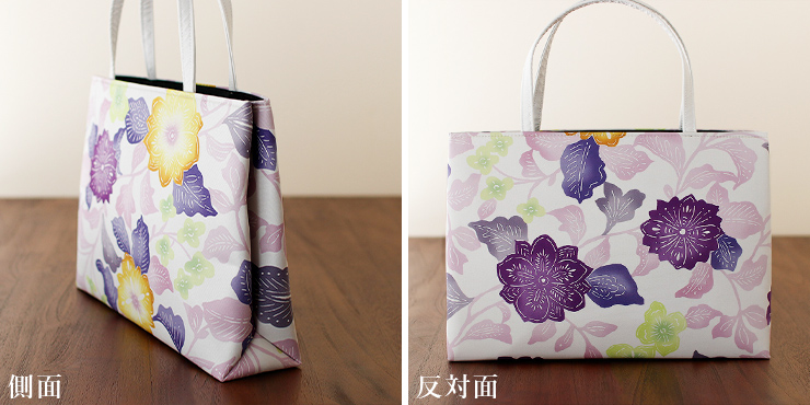 日本製] 召しませ花 和装バッグ さらさ花 オフホワイト パープル