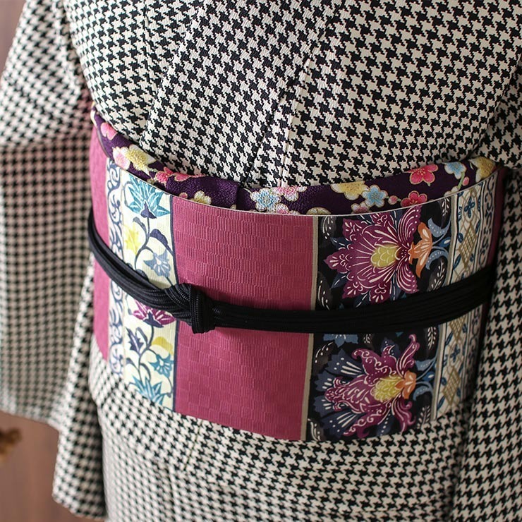 正絹 名古屋帯] 召しませ花 一重太鼓 京袋帯 浪漫更紗 (紅紫) 日本製