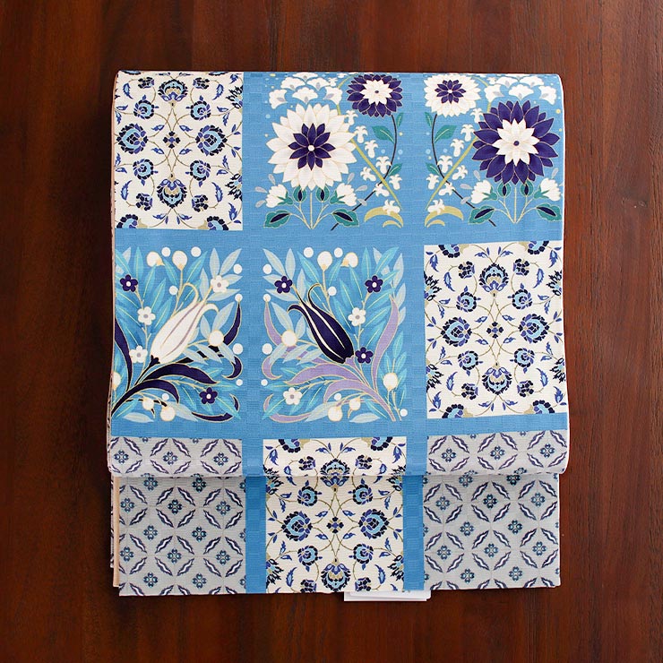 召しませ花 名古屋帯 染め 京袋帯 トルコタイル ブルー 日本製 正絹