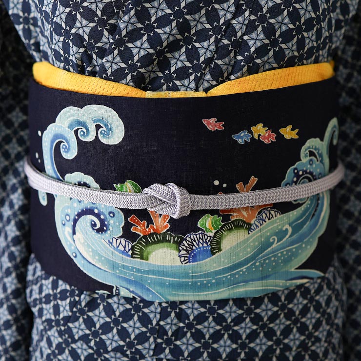 夏帯 夏 名古屋帯 クジラの海 紺色 日本製 ネイビー ブルー 藍色 魚