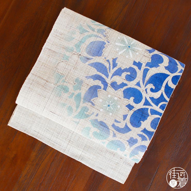 本麻] 夏名古屋帯 唐草花 (麻/水色) 麻 リネン 京袋帯 名古屋帯 八寸