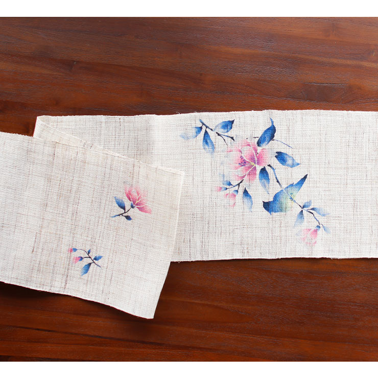 本麻] 夏名古屋帯 花咲く枝にとまる鳥 (麻/藍色) 麻 リネン 京袋帯