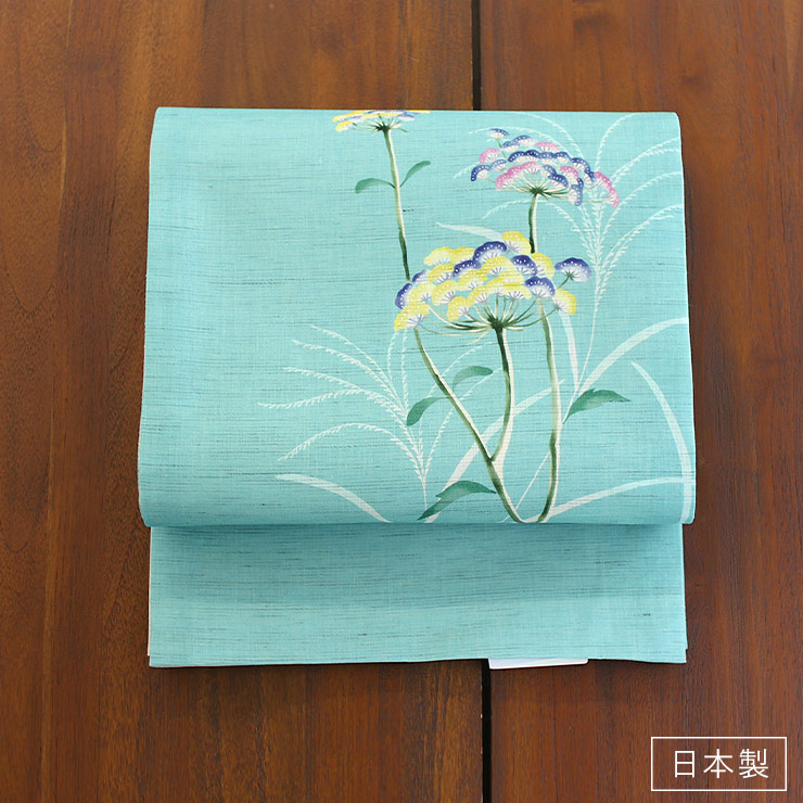 夏帯] 夏名古屋帯 おみなえし (麻/ミント/KK-NT-002) リネン 日本製