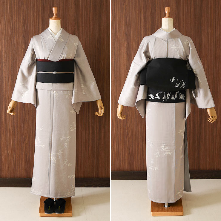 洗える着物] 袷 モダン小紋 東レ シルック きもの 鳥獣戯画 グレージュ