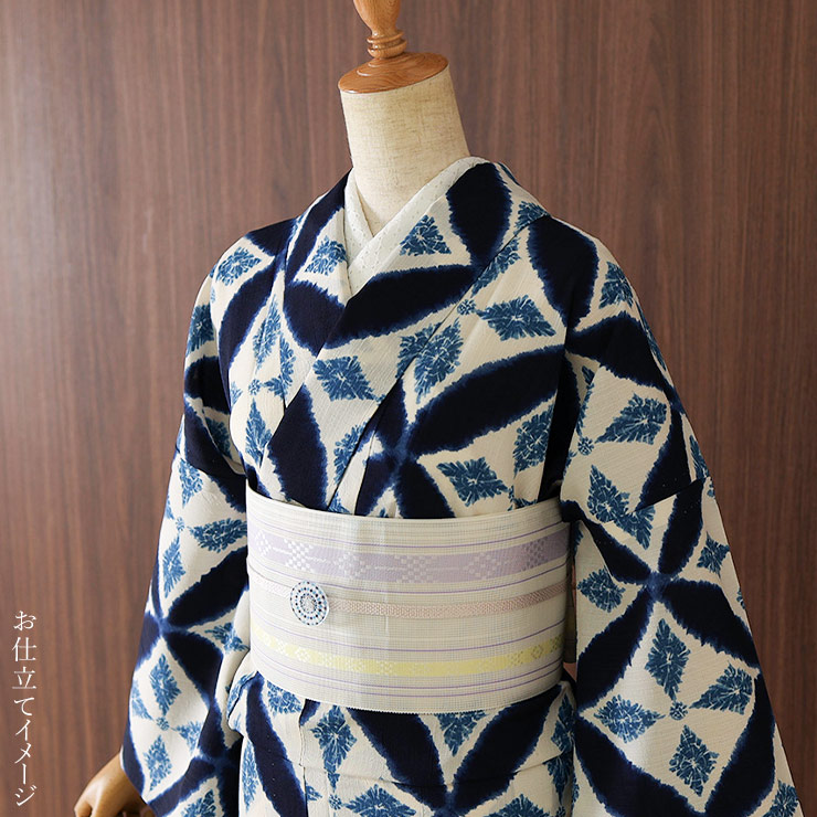 セオα] 浴衣 反物 七宝菱文 生成り×濃紺色 洗える ゆかた 夏きもの 月