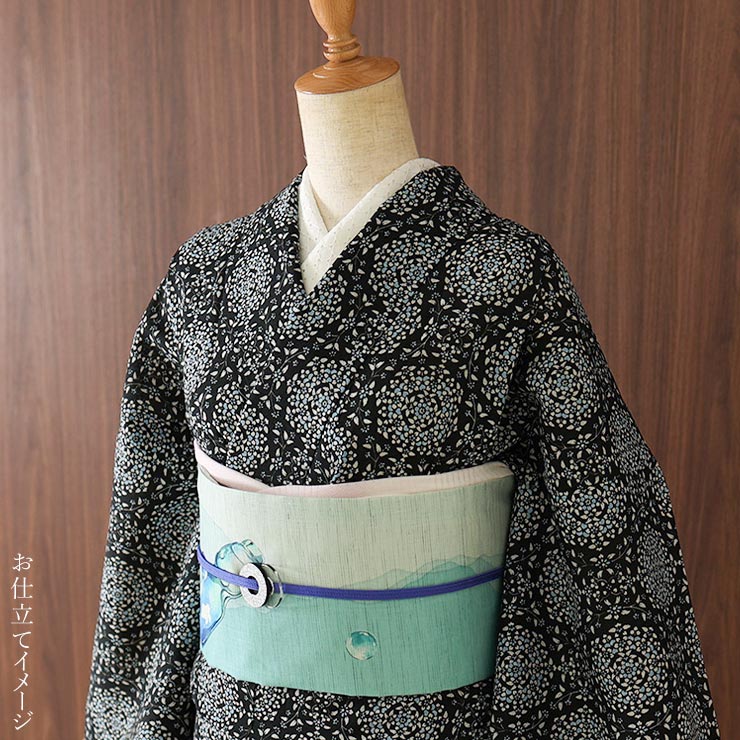 セオα 浴衣 反物 花万華鏡 (黒地×ブルー) 洗える ゆかた 夏きもの 月華