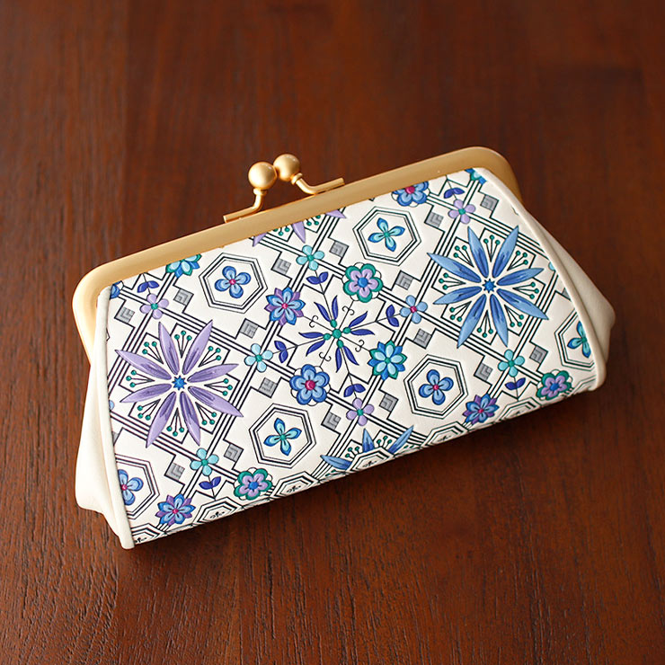 財布 牛革 浅草文庫 親子がま口 花菱 ピンク ブルー 着物 和装 友禅染