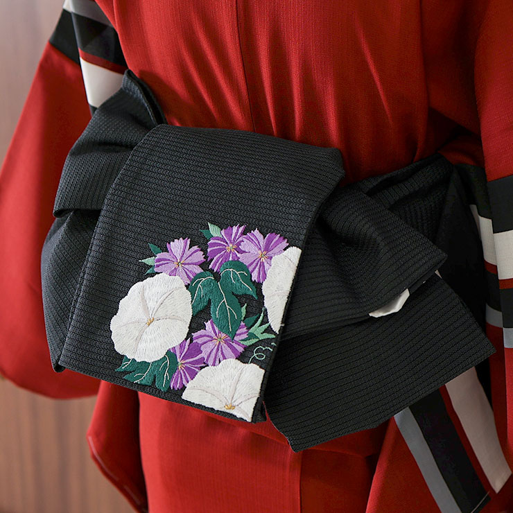 絽 細帯 半巾帯 花丸朝顔 花丸朝顔(クロ 107-302-007-88) 夏用 黒