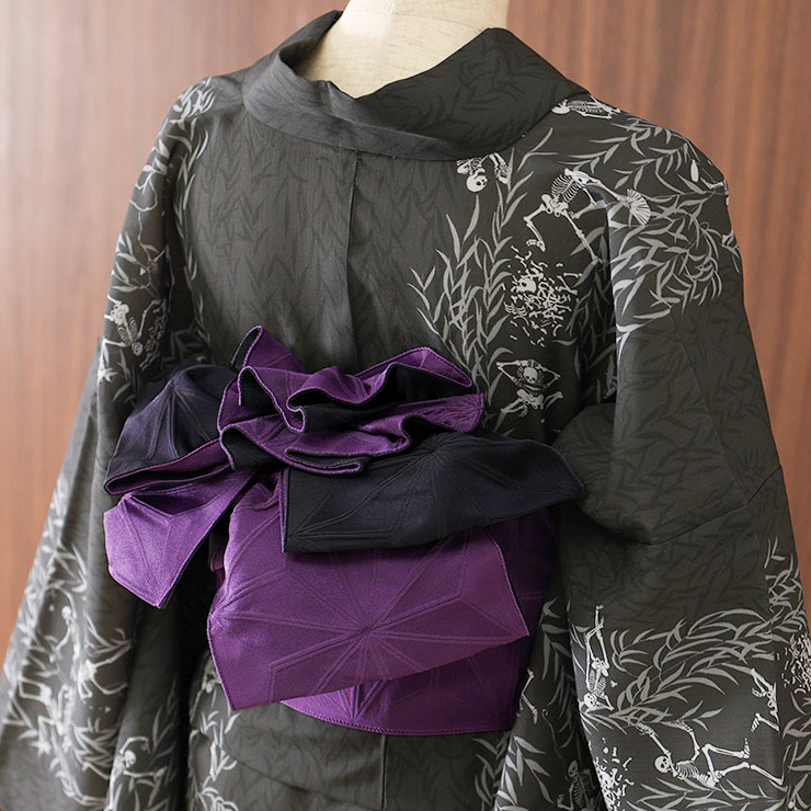 撫松庵] 半幅帯 細帯 麻の葉 (105-302-114 65ムラサキ×濃紺) 日本製