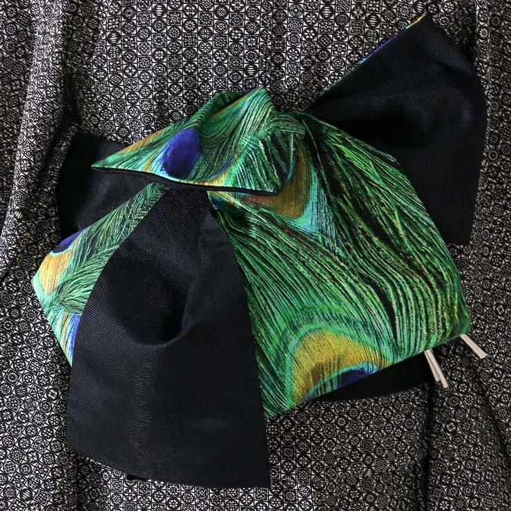 撫松庵 細帯 半巾帯 孔雀の羽根 (黒/103-102-013-88) リバーシブル