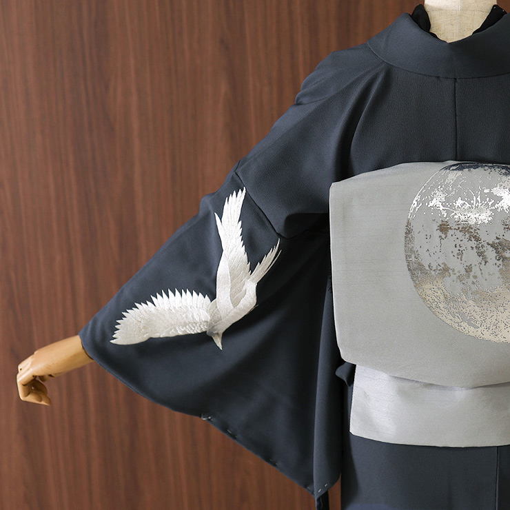 撫松庵 袷 きもの] 付下げ カラス 刺繍 86 チャコール グレー 日本製