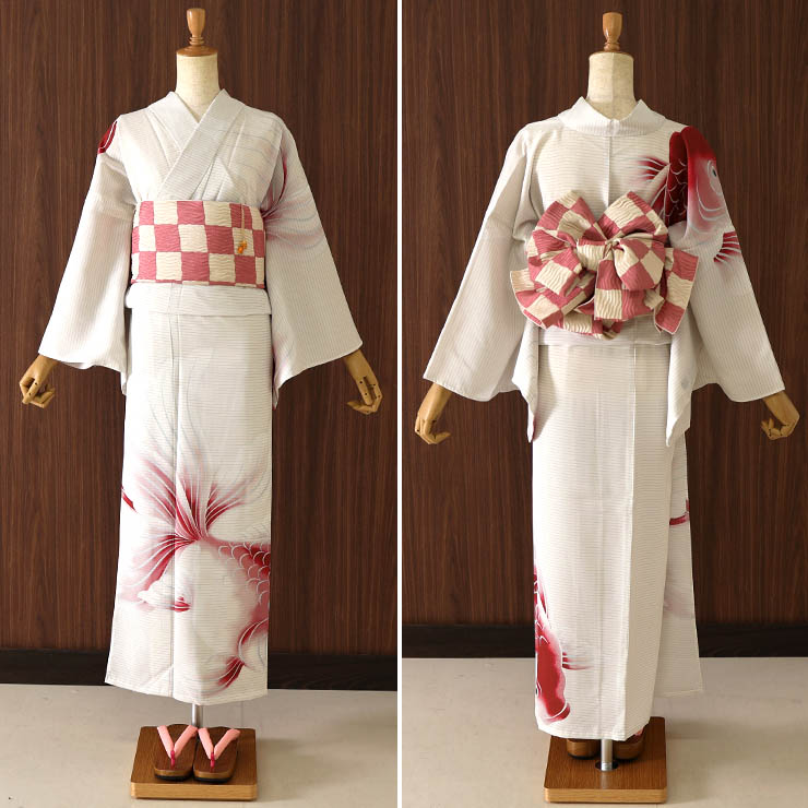 洗える 浴衣 ] 絵羽金魚（ベージュ 108-337-162-05）ゆかた 絵羽 バチ