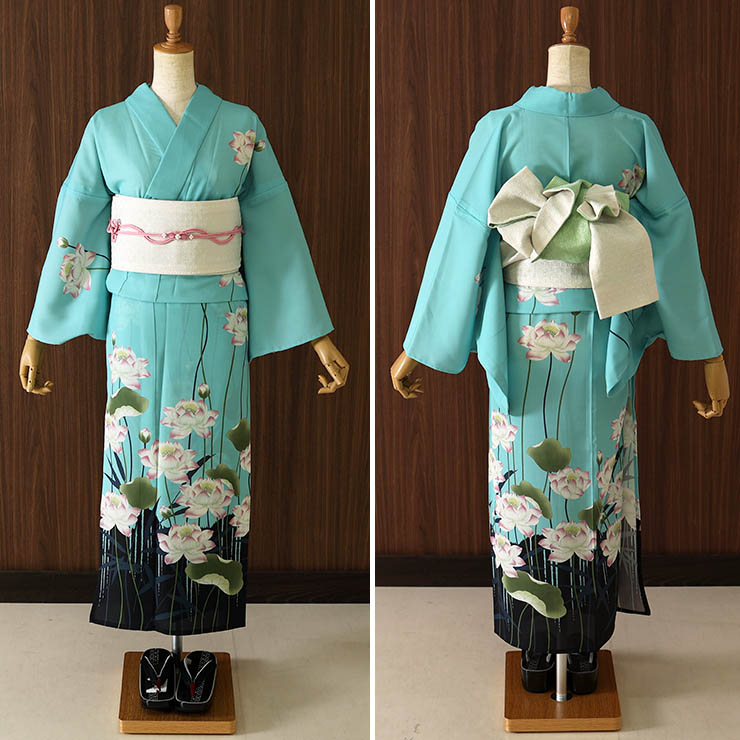 洗える 浴衣 ] 蓮（ターコイズ 105-337-150-76）ゆかた バチ衿 セオα