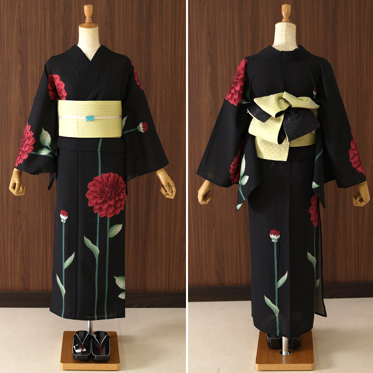 洗える 浴衣 ] ダリア（黒×赤 105-337-151-88）ゆかた バチ衿 セオα