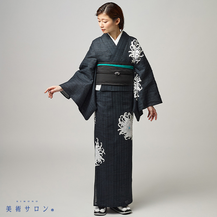 美術サロン 浴衣 重ね染 知多木綿 麻混 一輪 ブラック 黒色 日本製