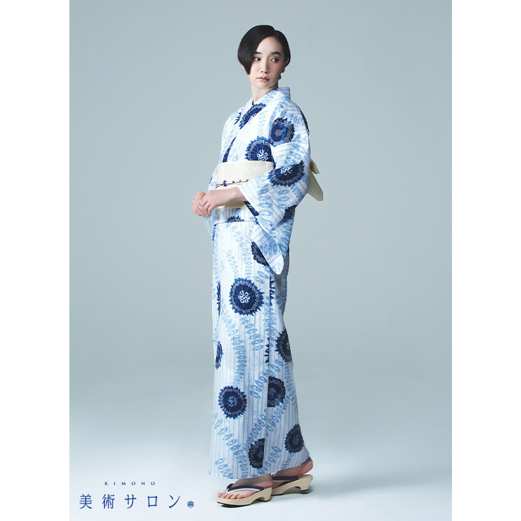 美術サロン ] 浴衣 藍捺染 知多木綿 麻混 [水紋絞] 日本製 仕立て