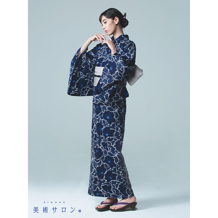 美術サロン ] 浴衣 藍捺染 知多木綿 麻混 [ペルシャの華] 日本製