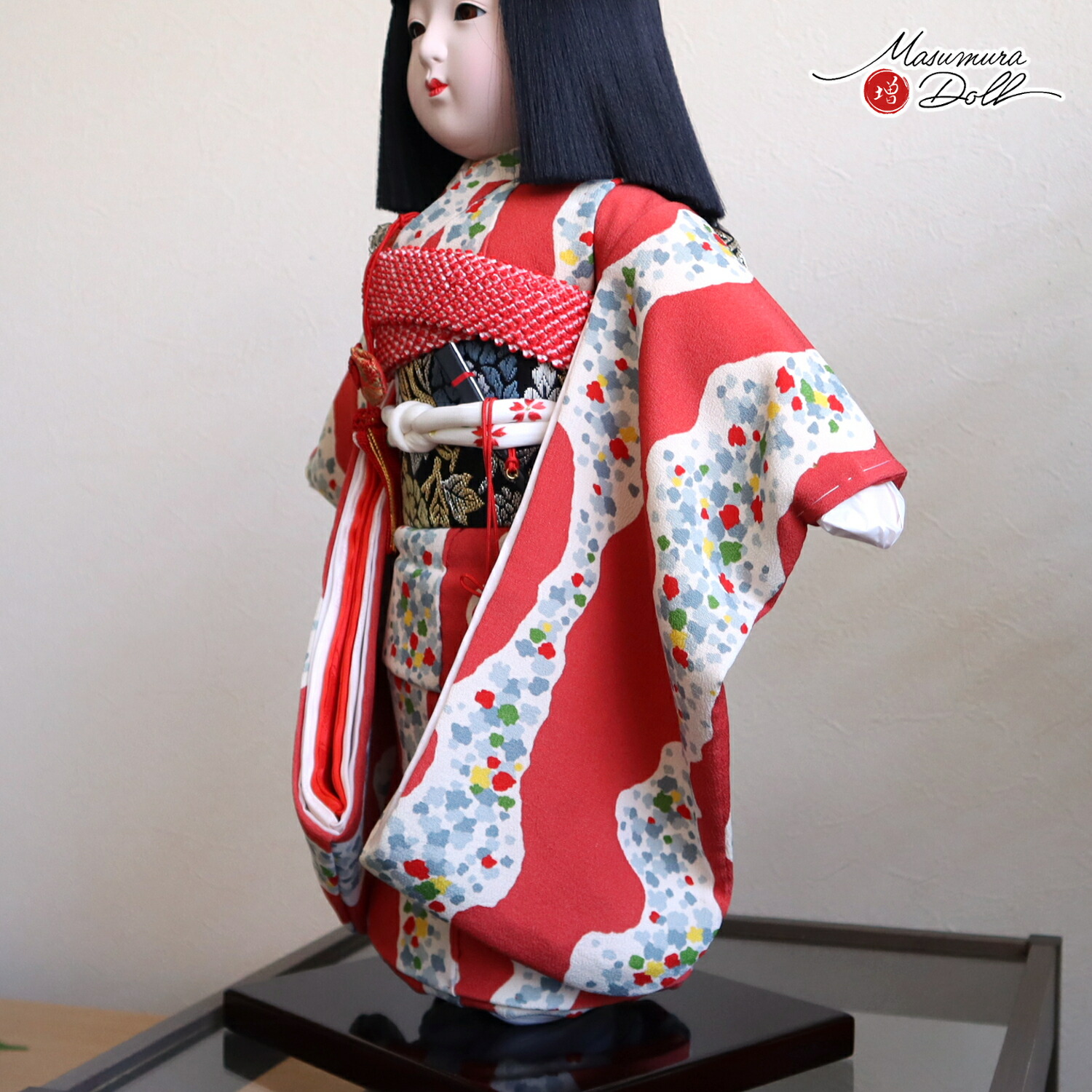 市松人形 元賀章介 12号尺二 着尺 正絹 別染め エンジ 越前塗台 女の子