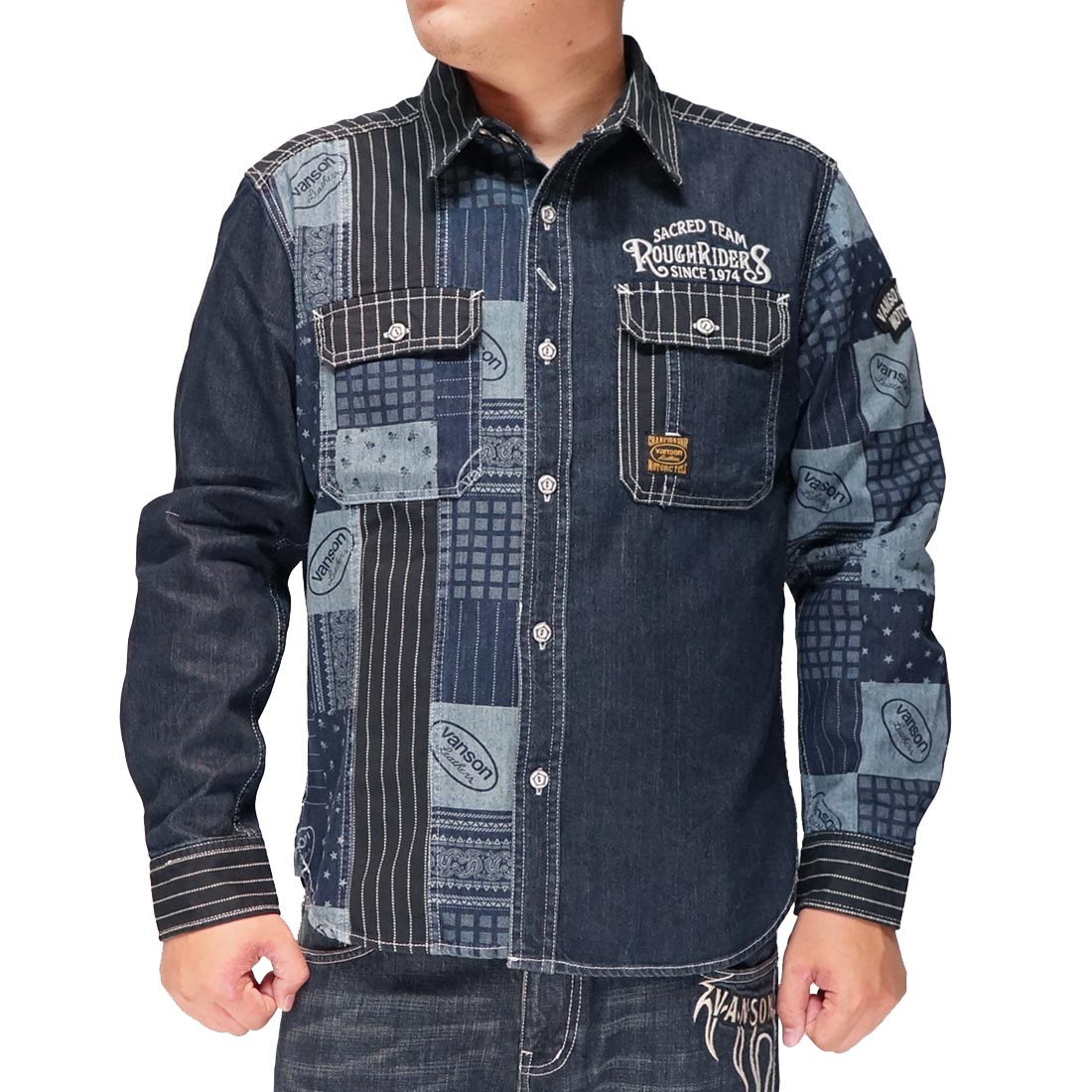 VANSON バンソン 長袖 シャツ デニム 切替 ロゴ刺繍 ワッペン NVSL