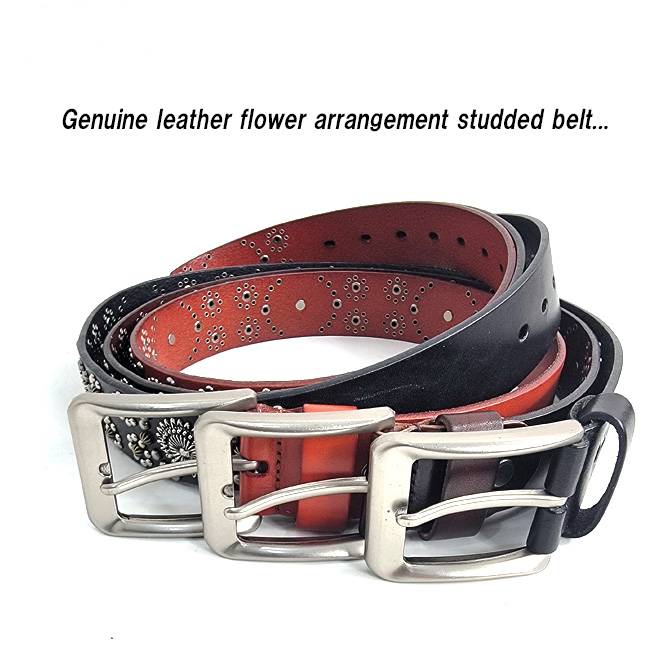 レザーベルト 本革 フラワーアレンジ スタッズベルト メンズ