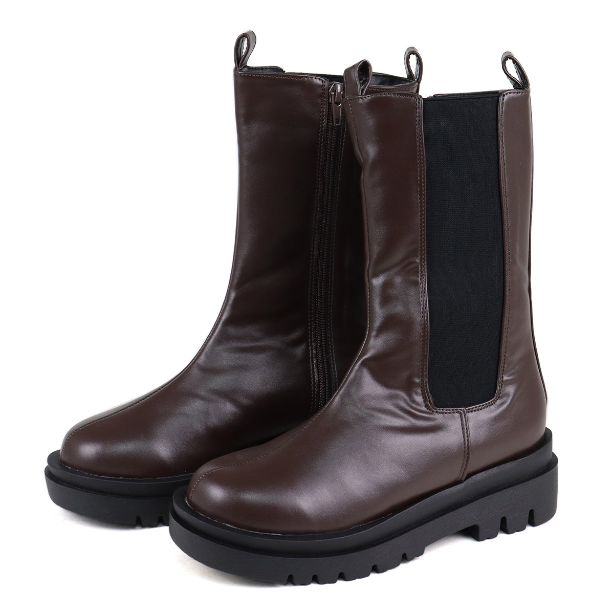 ブーツ レディース 厚底 黒 5cmヒール サイドゴア ミドル ブラウン 秋