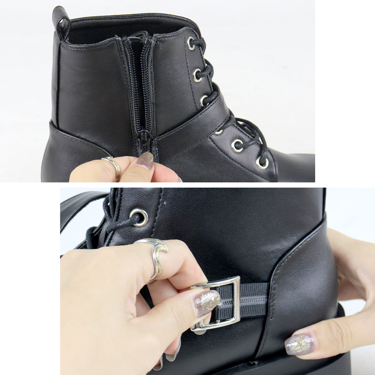 レースアップ ショートブーツ 5cmヒール 男女兼用 黒 22.0cm-27.0cm No