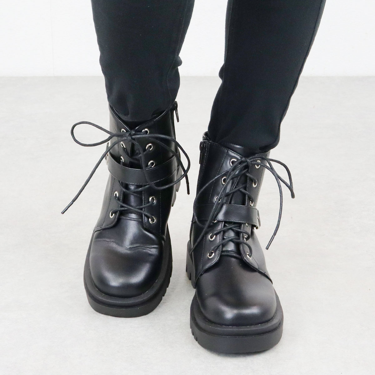 レースアップ ショートブーツ 5cmヒール 男女兼用 黒 22.0cm-27.0cm No