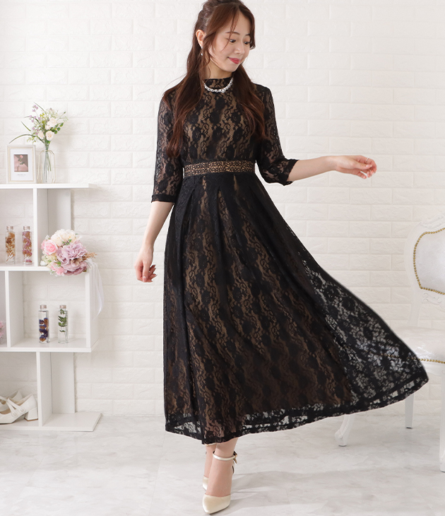 Lace Ladies（レースレディース） 総レース7分袖配色フレアワンピース