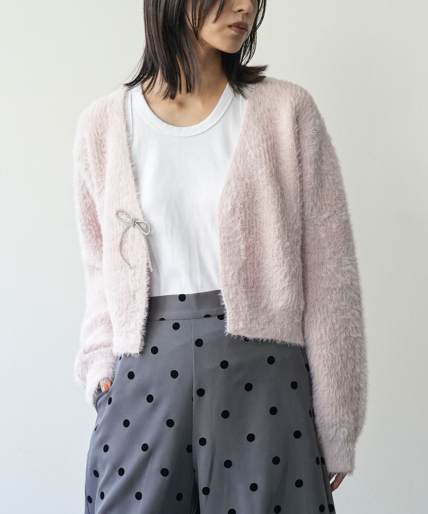 ミンクフェザービジューリボンカーディガン ビジューリボンカーデ
