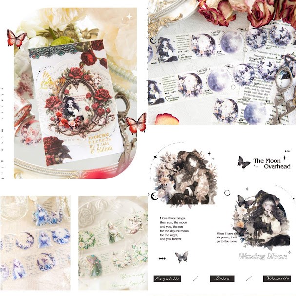 PET素材 マスキングテープ 透明 女の子 英字 コラージュシール 海外