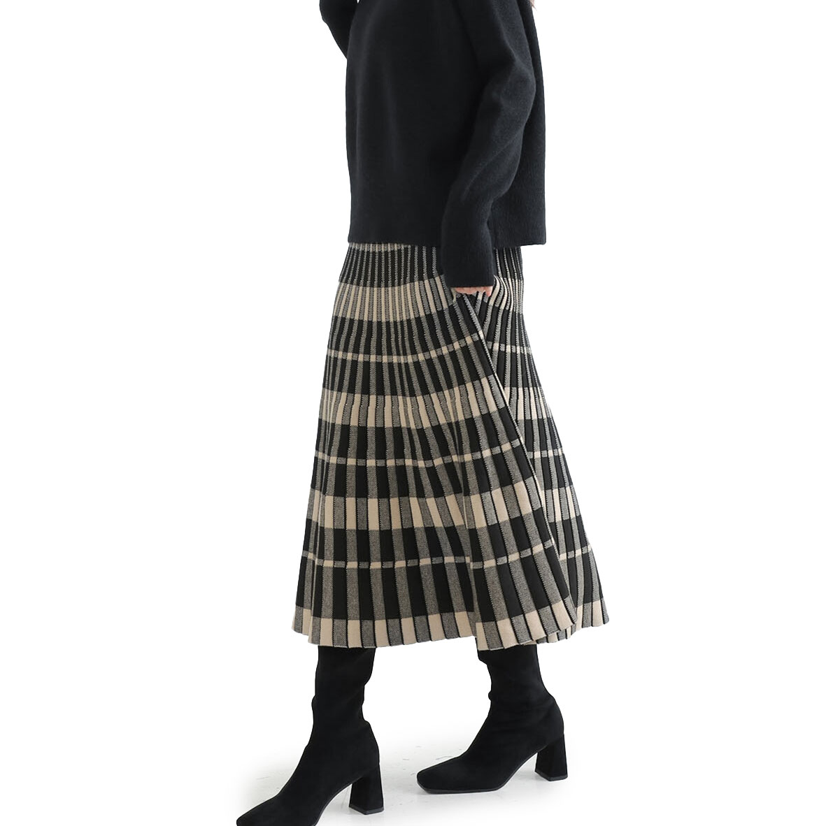 ニットスカート スカート ロング 秋 秋冬 チェック柄 ミモレ丈 暖かい