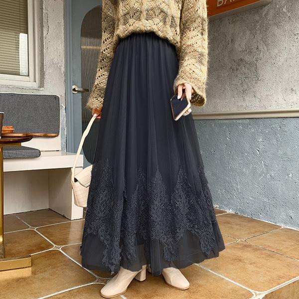 スカート ロング 春 夏 チュール 刺繍 レース フレア マキシ ボトムス