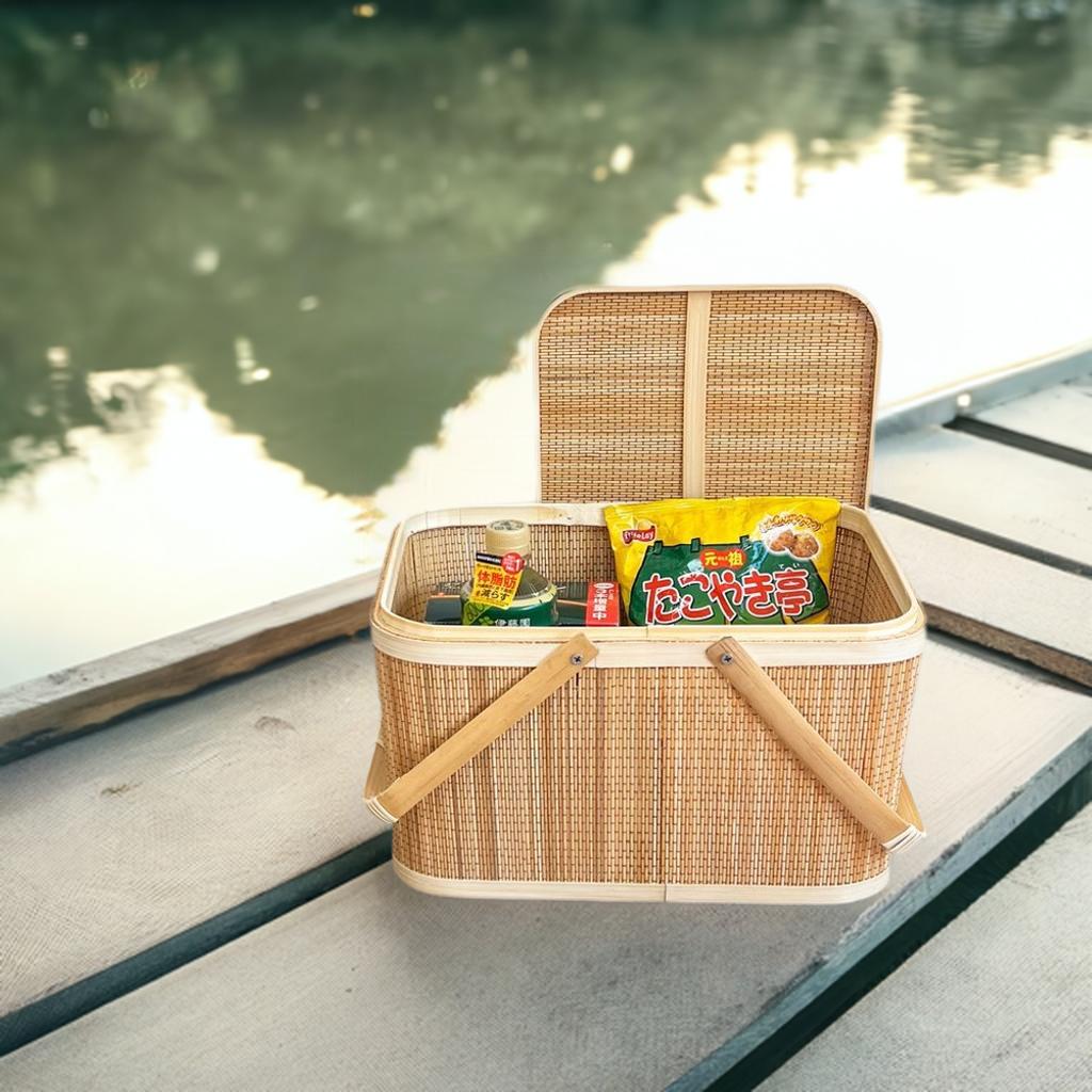 竹 かご ふた付き バスケット 四角 ピクニック ピクニックバスケット