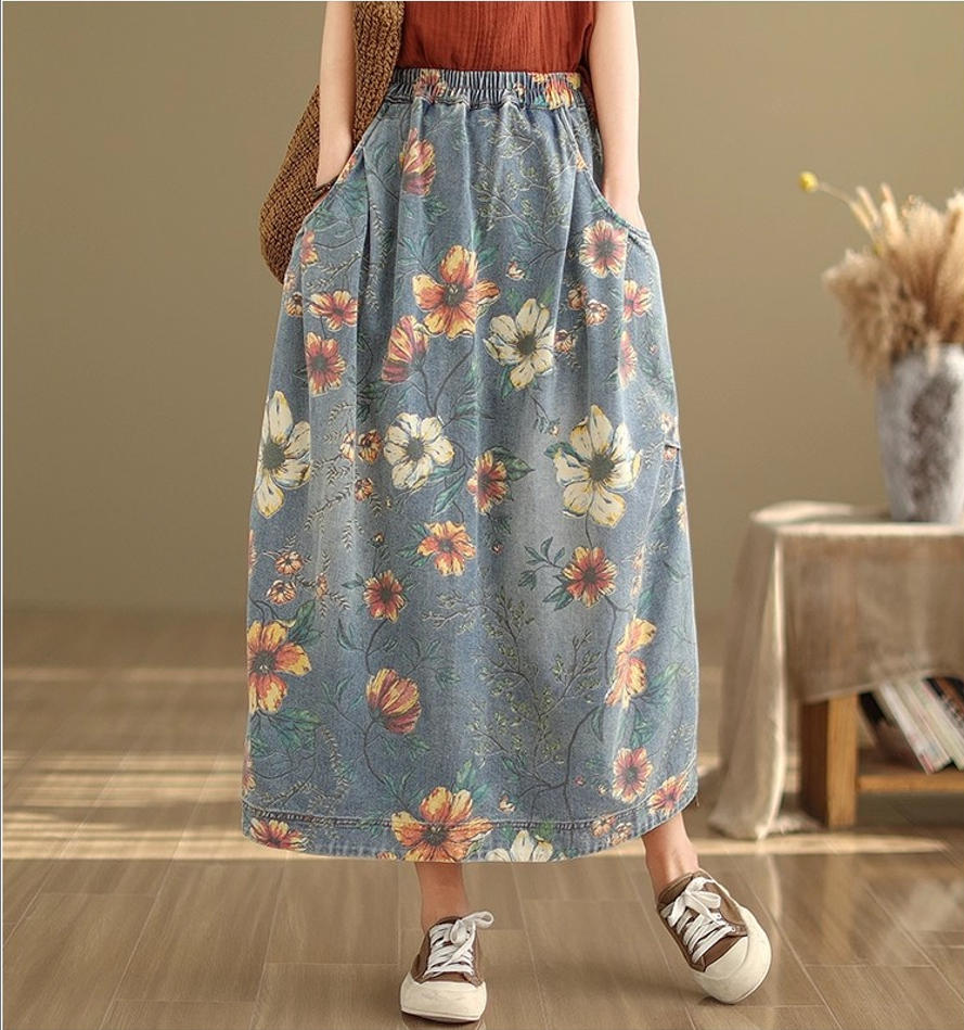 デニムスカート レディース ボトムス ロングスカート 花柄 こなれ感の