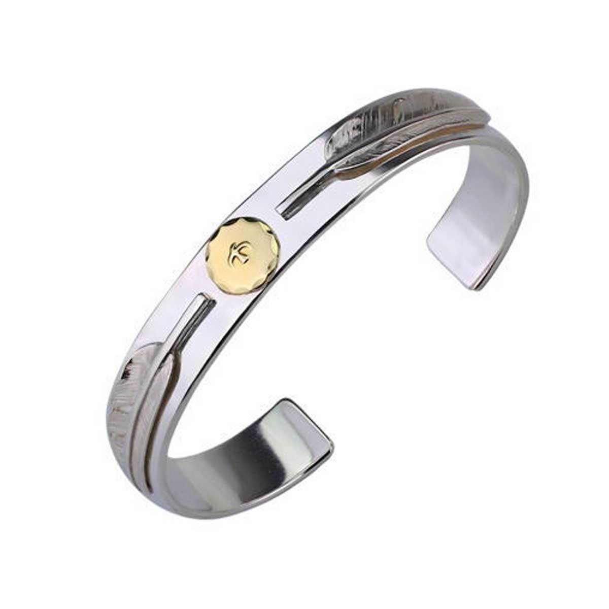 メンズ バングル ブレスレット 18金SVフェザー付き平打ちブレス