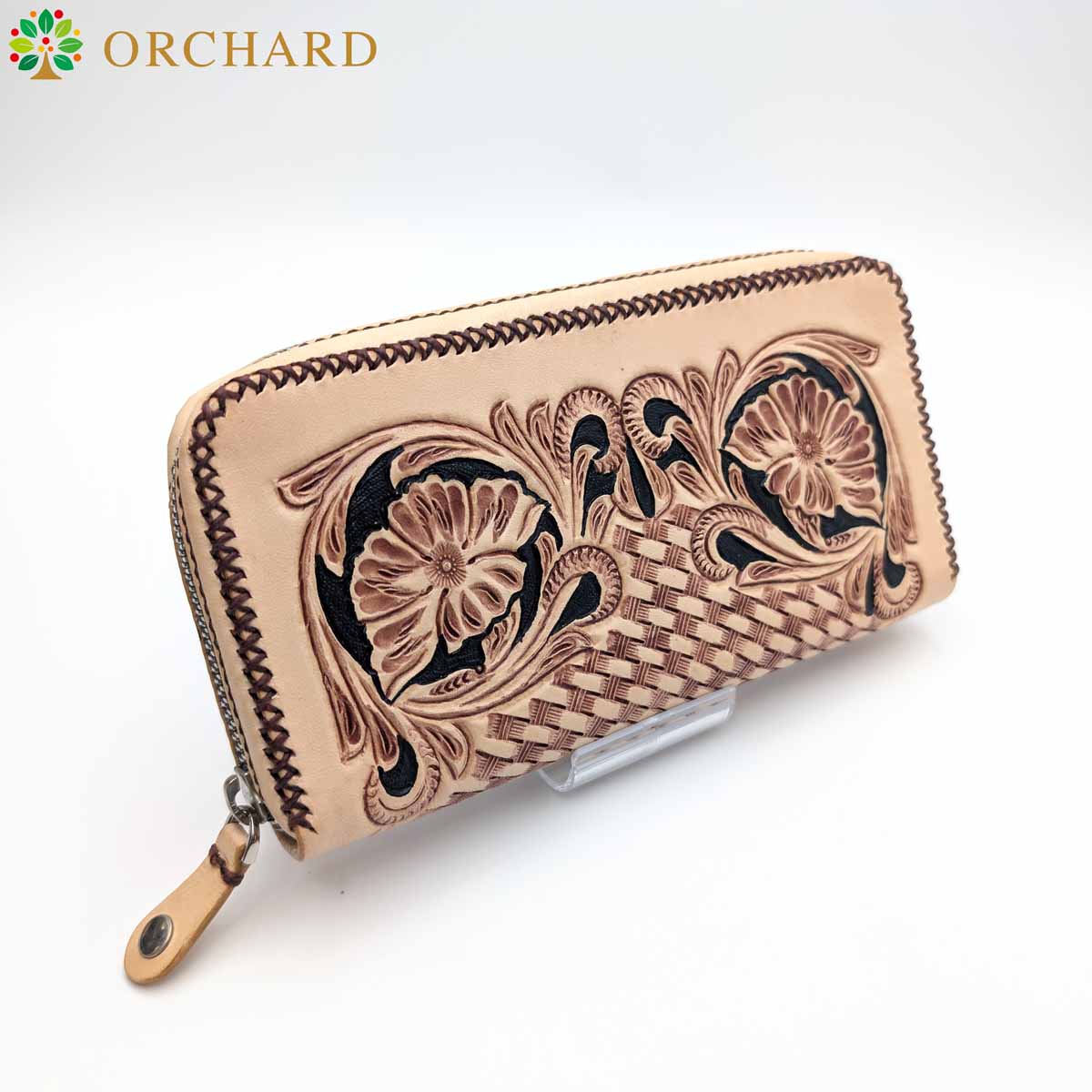 長財布 ロングウォレット フラワー 編み込み カービング 牛革