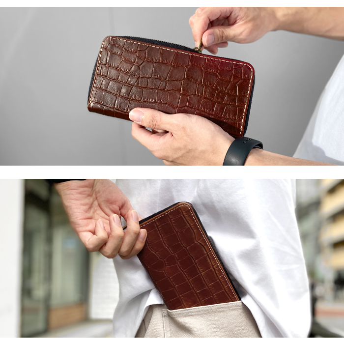 長財布 本革 財布 クロコダイル 型押し ラウンド ファスナー サイフ