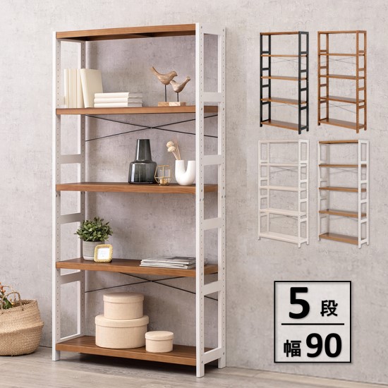 4色から選べる 木製 オープンラック 5段 幅90cm 棚 ウッド 白 ホワイト