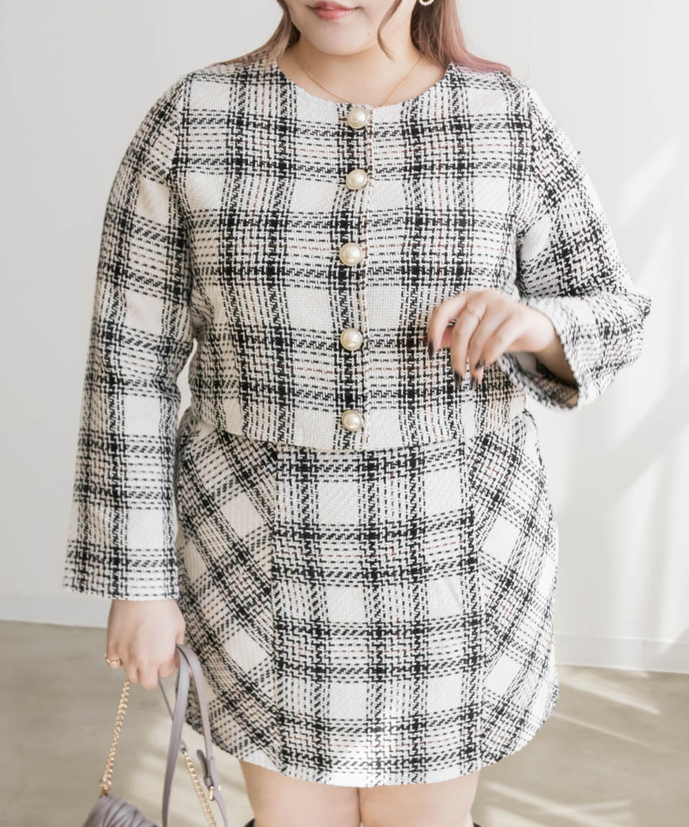 大きいサイズ レディース チェック柄ツイードセットアップ : 大きい