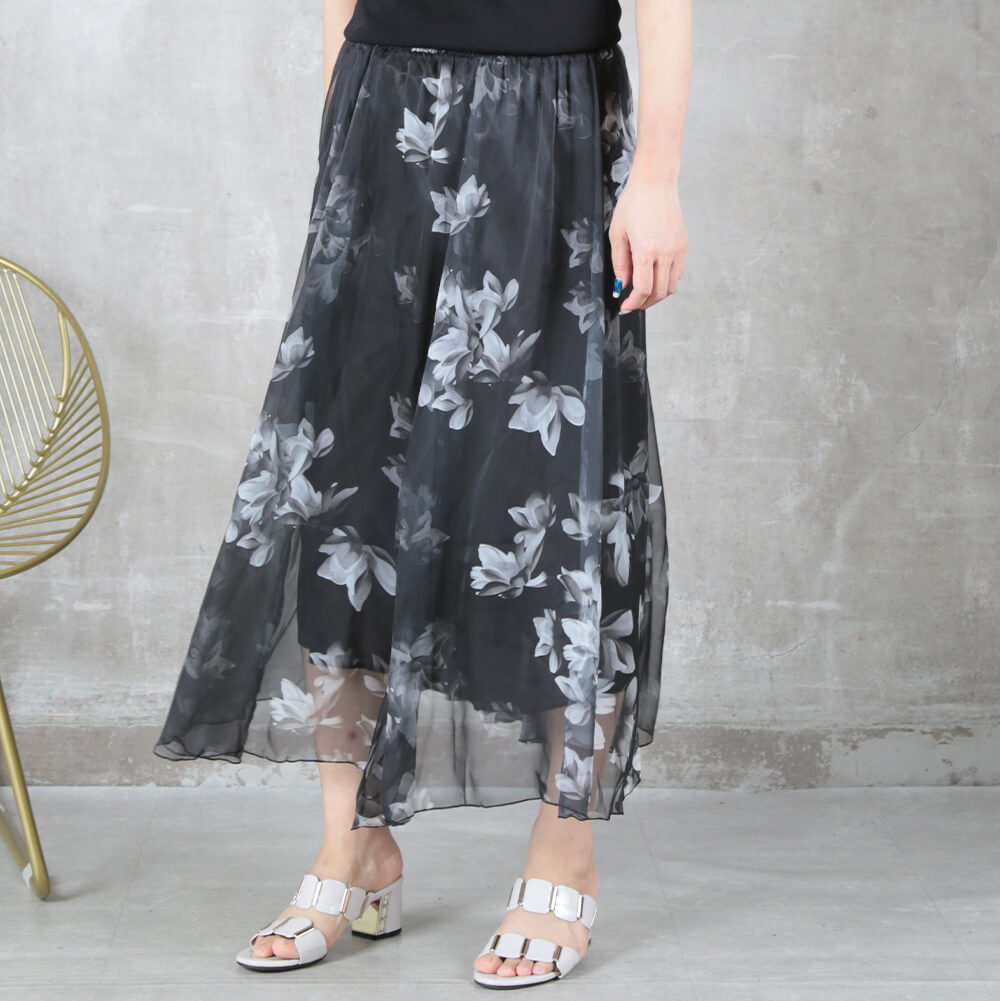 フレア スカート ロング 春 夏 シフォン マキシ レディース 総柄 花柄