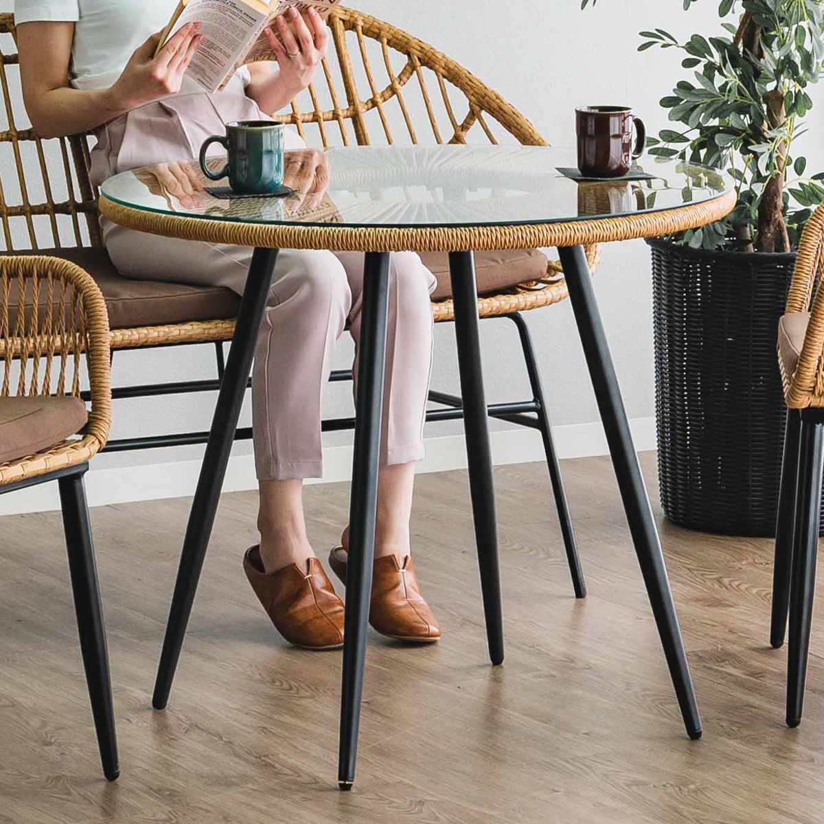 今枝商店 ラタンテーブル 円型 ガラス天板 直径45cm （ サイドテーブル