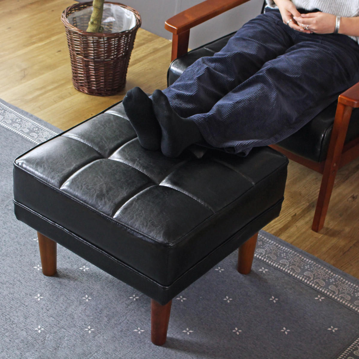 岩附 オットマン 高さ40cm レザー調 木製 （ チェア スツール 1人掛け