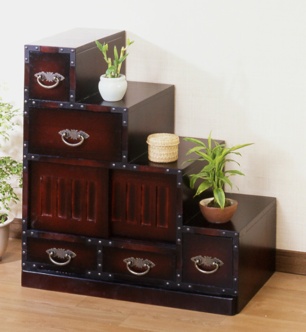 ミヤグチ企販 チェスト 民芸調 階段風 右下がり 古美調引手 引き戸付