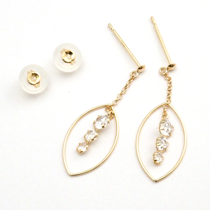 ピアス 18k 揺れる 18金 k18 リーフ スリーストーンキュービック