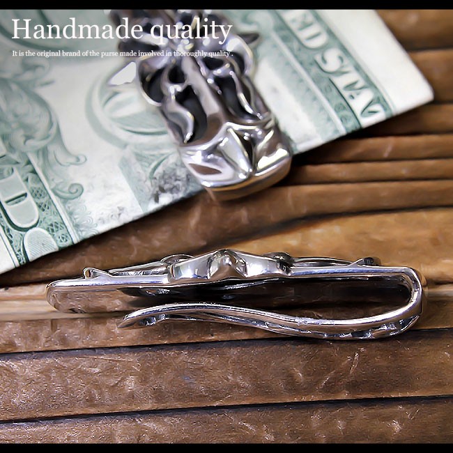 マネークリップ 財布 メンズ シルバー925 ゴシッククロスデザイン : 革