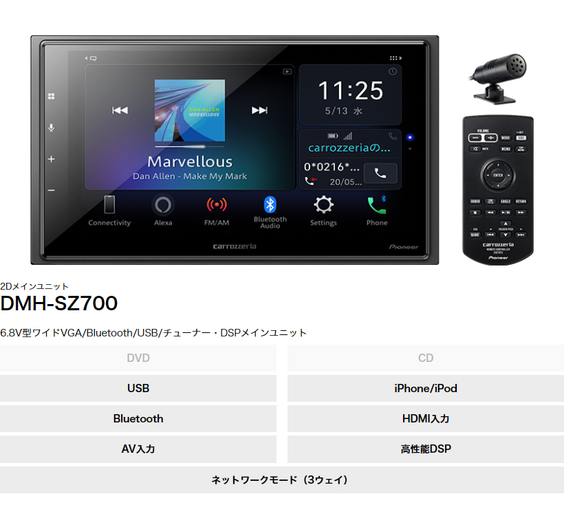 カロッツェリア DMH-SZ700 パイオニア 6.8V型ワイド液晶 2DIN