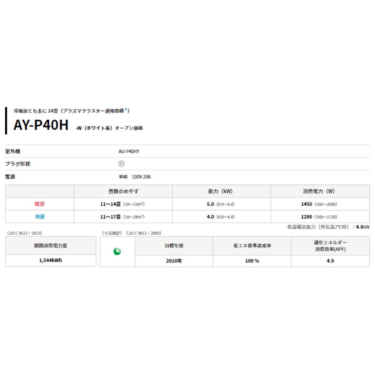 SHARP（シャープ） エアコン おもに14畳用 AY-P-Hシリーズ 2022年