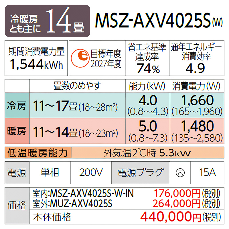霧ヶ峰 標準取付工事費込 エアコン 主に14畳 三菱電機 2025年モデル