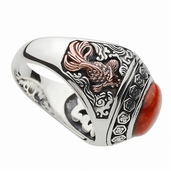 レッドコーラル シルバーリング 指輪 メンズ カレッジリング 鯉 花 和