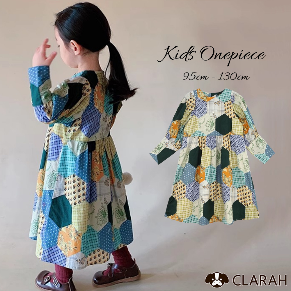 ワンピース キッズ 長袖 レトロ パッチワーク柄 韓国子供服 女の子